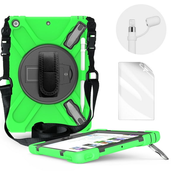 iPad 7th Generation Case with PET Screen Protector, iPad 10.2" 2019 Case with Pencil Holder/Pencil Cap, Dteck Heavy Rugged Shockproof Cover with 360 Rotate Stand /Hand Strap/ Should Belt,Green