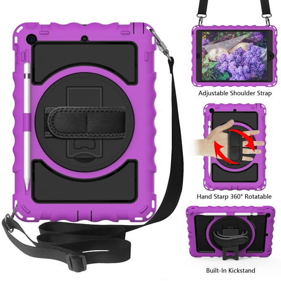 iPad 7th Generation Case with PET Screen Protector, iPad 10.2" 2019 Case, Dteck Heavy Duty Rugged Shockproof Protective Covers with 360 Rotate Stand /Hand Strap/ Should Belt /Pencil Holder,Purple