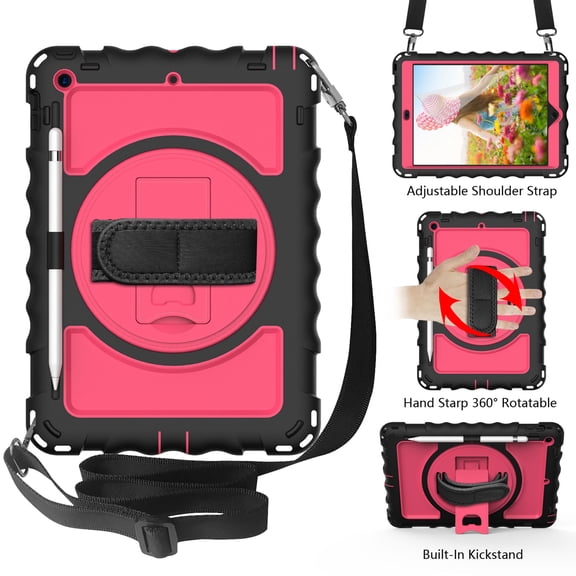 iPad 7th Generation Case with PET Screen Protector, iPad 10.2" 2019 Case, Dteck Heavy Duty Rugged Shockproof Protective Covers with 360 Rotate Stand /Hand Strap/ Should Belt /Pencil Holder,Black/Rose