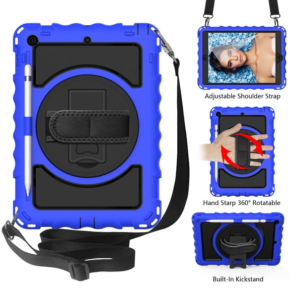 iPad 7th Generation Case with PET Screen Protector, iPad 10.2" 2019 Case, Dteck Heavy Duty Rugged Shockproof Protective Covers with 360 Rotate Stand /Hand Strap/ Should Belt /Pencil Holder,Blue
