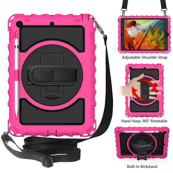 iPad 7th Generation Case with PET Screen Protector, iPad 10.2" 2019 Case, Dteck Heavy Duty Rugged Shockproof Protective Covers with 360 Rotate Stand /Hand Strap/ Should Belt /Pencil Holder,Rose