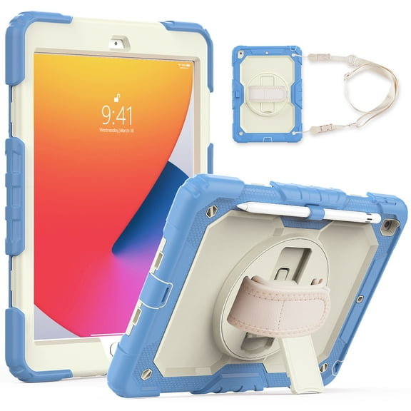 iPad 8 Case 10.2" 2020, iPad 7 Case 2019, Allytech Shockproof Bumper Rugged 3-in-1 Screen Protector Defender Hand Strap 360 Rotating Stand Case Cover for Apple iPad 10.2" 8th 7th Generation, Blue