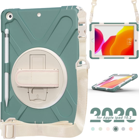 iPad 8th Generation Case, iPad 7th Gen Case, Dteck Shockproof Case for iPad 10.2 200/2019, Heavy Duty Rugged Impact Resistant Cover with Rotatable Kickstand Hand Strap and Shoulder Strap,Emerald Green