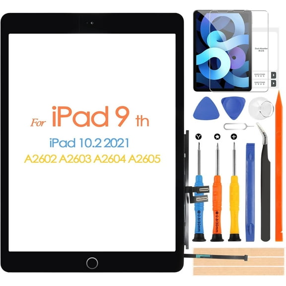 for iPad 9 2021 Screen Replacement, Touch Screen for iPad 9th Gen 10.2 inch A2602 A2603 A2604 A2605 Digiziter Touchscreen Glass Panel with Home Button & Repair Tools (Not LCD)
