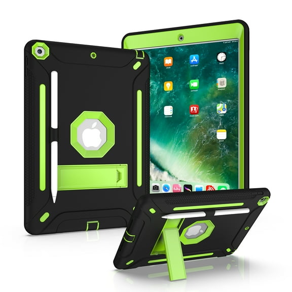 iPad 9.7 2018/2017 Case, Dual Layer Shockproof Lightweight Hybrid Rugged Kickstand Protective Cover with Pencil Holder, Black/Olivine