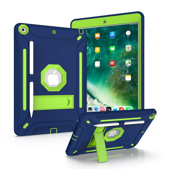 iPad 9.7 2018/2017 Case, Dual Layer Shockproof Lightweight Hybrid Rugged Kickstand Protective Cover with Pencil Holder, Navy/Olivine