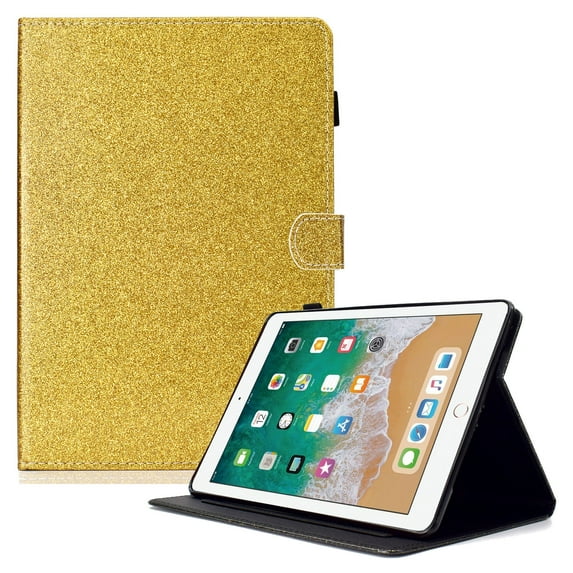iPad 9.7 2018/2017 Case with Pencil Holder, iPad Air 1 2 Case, Allytech Glitter Leather Folio Kickstand Shock-Absorbing Auto Sleep Wake Case for Apple iPad 9.7 6th/5th Generation, iPad Air 1 2, Gold