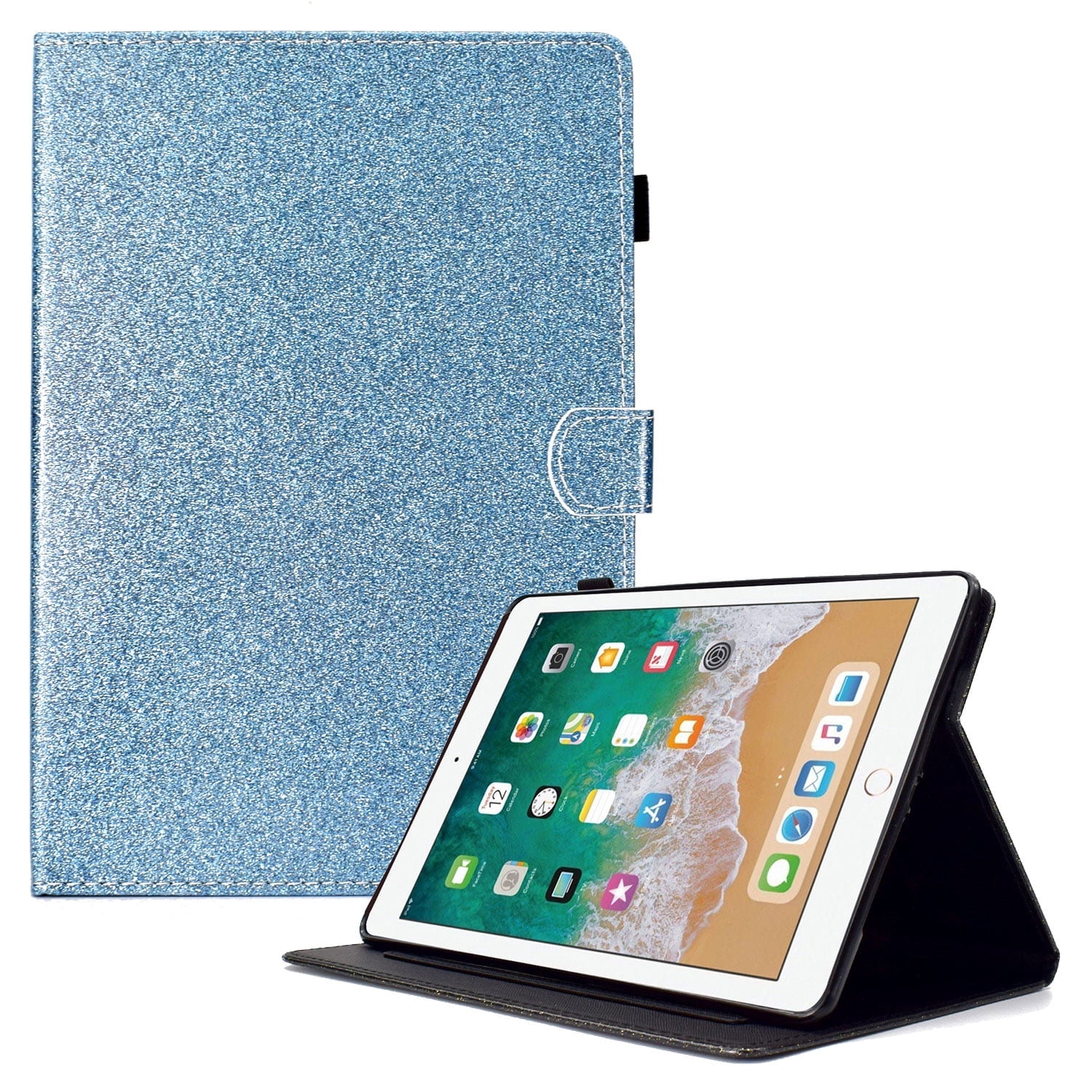iPad 9.7 2018/2017 Case with Pencil Holder, iPad Air 1 2 Case, Allytech Glitter Leather Folio Kickstand Shock-Absorbing Auto Sleep Wake Case for Apple iPad 9.7 6th/5th Generation, iPad Air 1 2, Blue