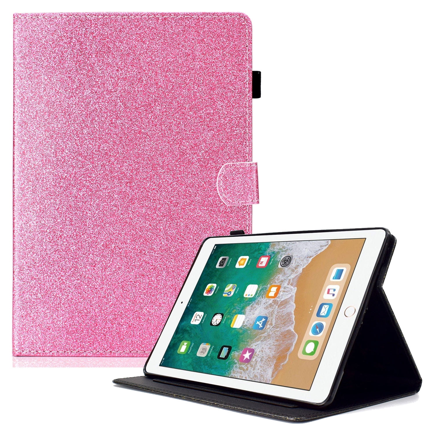 iPad 9.7 2018/2017 Case with Pencil Holder, iPad Air 1 2 Case, Allytech Glitter Leather Folio Kickstand Shock-Absorbing Auto Sleep Wake Case for Apple iPad 9.7 6th/5th Generation, iPad Air 1 2, Pink