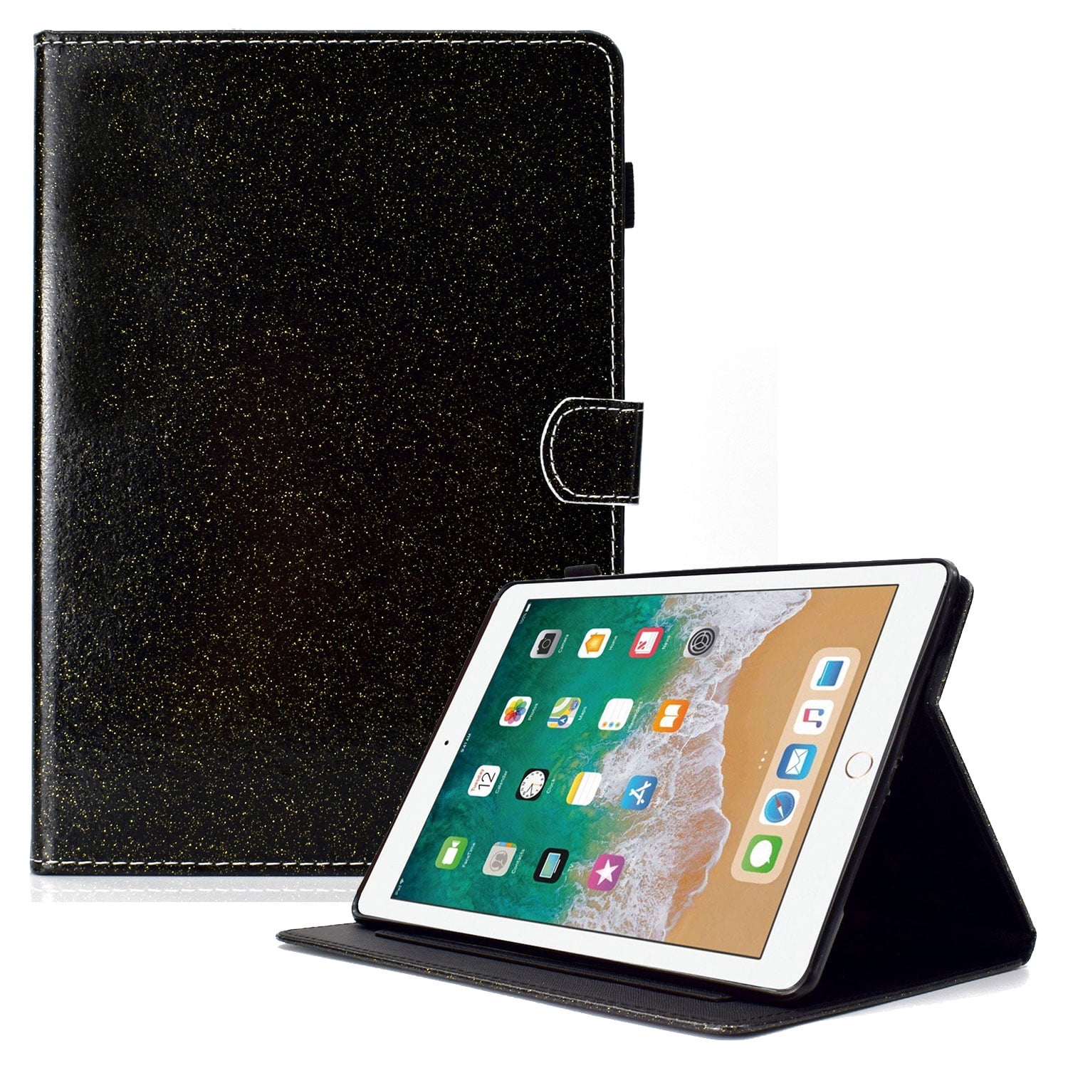 iPad 9.7 2018/2017 Case with Pencil Holder, iPad Air 1 2 Case, Allytech Glitter Leather Folio Kickstand Shock-Absorbing Auto Sleep Wake Case for Apple iPad 9.7 6th/5th Generation, iPad Air 1 2, Black
