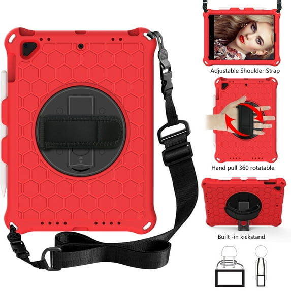 iPad 9.7 2018/2017 Case with Screen Protector, Dteck iPad 6th Gen / iPad 5th Gen / iPad Air 9.7 / iPad Pro 9.7 Case, Heavy Duty Shockproof Case with 360 Rotating Kickstand Shoulder Strap, Red+Black