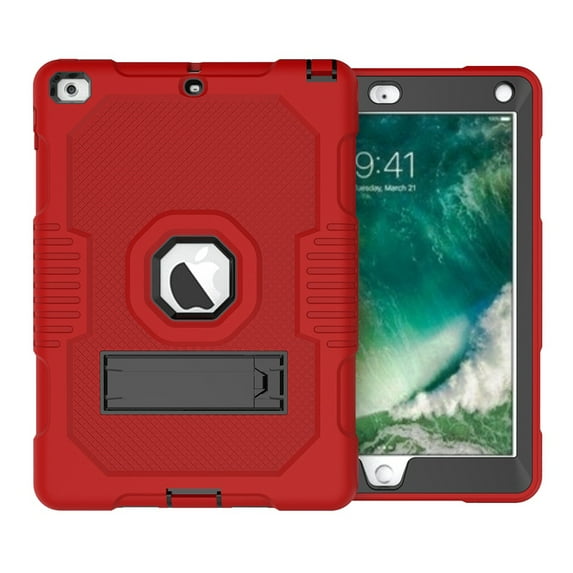 iPad 9.7 2018 / 2017 Case with Screen Protector Film, Allytech Heavy Duty Shockproof Kickstand Anti-scratch Full Protection Back Cover Case for Apple iPad 6th 5th Generation, Red/Black