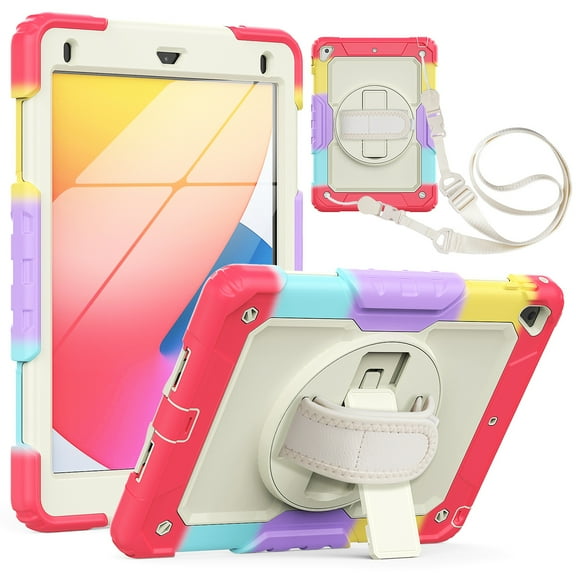 iPad 9.7 2018/2017 Case/iPad 6th Gen Case/iPad Air 2 Case with Built-in Screen Protector, Heavy Rugged Shockproof Case 360 Degree Rotating Stand Cover with Adjustable Shoulder Strap,Camouflage Red