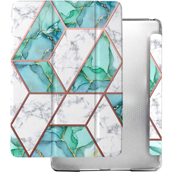 iPad 9.7 5th 6th Gen Air 1st 2nd Generation [iPad 5 6 Air 1 2] A1893 A1822 A1566 MH2V2LL/A MRM52LL/A MP242LL/A Shock Proof Magnetic Dual Angle Stand with Honeycomb Pattern Printed Cover - Marble Green