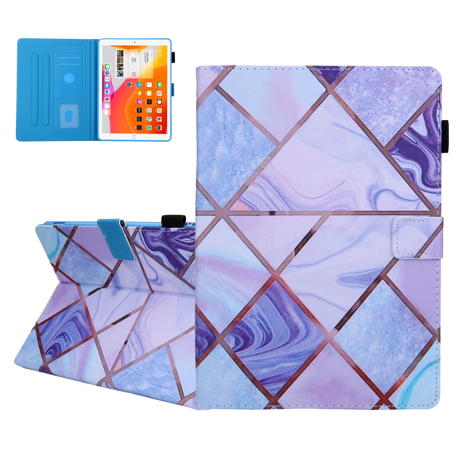 iPad 9.7 6th 5th Case, iPad 9.7 Case with Pencil Holder, Allytech PU Leather Slim Shockproof Auto Sleep Wake Kickstand TPU Back Cover Casef for Apple iPad 9.7 2018/2017, iPad Air 1 2,Purple Marble