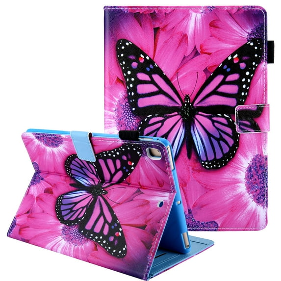 iPad 9.7 6th / 5th Generation Case, iPad Air 1 2 Case, Allytech Colorful Pattern Multi Angle Stand Auto Sleep Wake Folio Style Cards Pencil Holder Wallet Case Cover Full Protective, Rose Butterfly