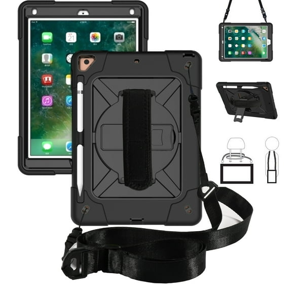iPad 9.7 Case 2017 2018,Hybrid Shockproof Rugged Heavy Duty Full-Body Drop Protection Stand Kids Case with Shoulder Strap for iPad 9.7 inch 2018/2017,Black