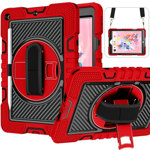 iPad 9.7 Case 2018/2017, iPad 6th/5th Gen Crossbody Case, Dteck Heavy Duty Rotating Hand Grip Pencil Holder Rugged Shockproof Case with Carry Shoulder Strap for iPad 9.7 inch 2018/2017,Red+Black