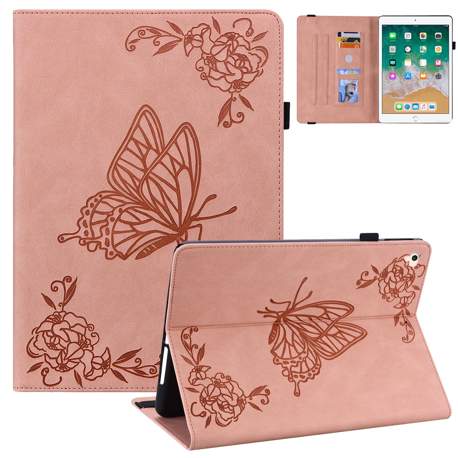 iPad 9.7 Case 2018/2017, iPad Air 1 2 Case, Allytech Butterfly Embossed Shock Absorption Kickstand Pencil Holder Auto Sleep Wake Slim Cover Case for Apple iPad 6th 5th Generation, Pink