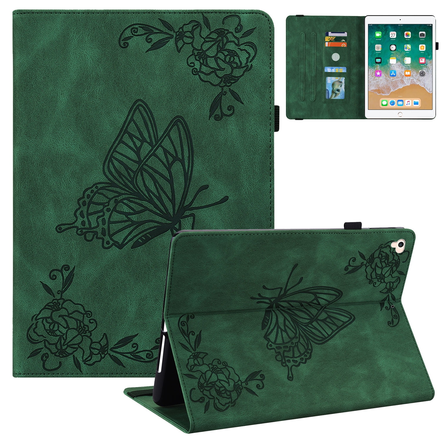 iPad 9.7 Case 2018/2017, iPad Air 1 2 Case, Allytech Butterfly Embossed Shock Absorption Kickstand Pencil Holder Auto Sleep Wake Slim Cover Case for Apple iPad 6th 5th Generation, Green
