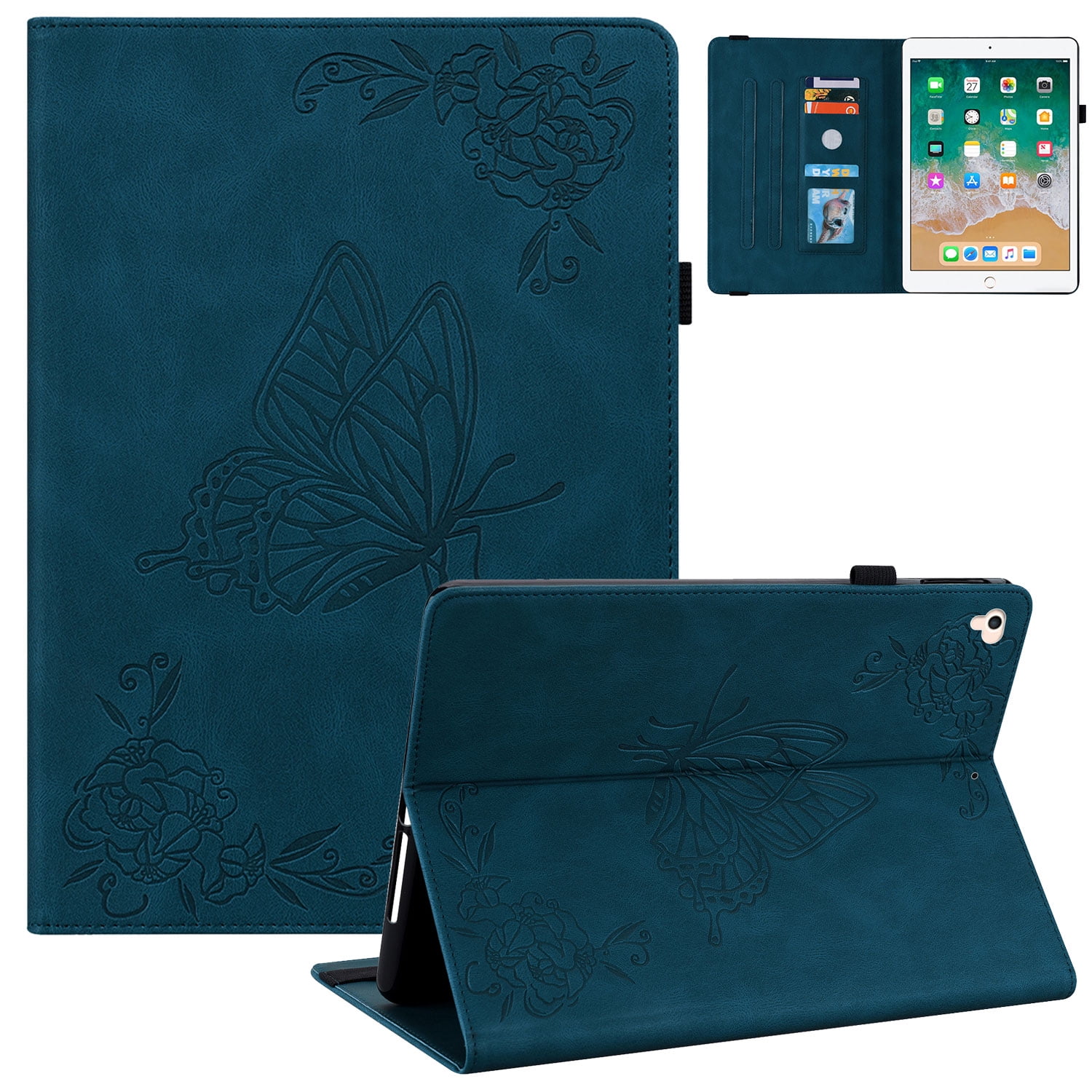 iPad 9.7 Case 2018/2017, iPad Air 1 2 Case, Allytech Butterfly Embossed Shock Absorption Kickstand Pencil Holder Auto Sleep Wake Slim Cover Case for Apple iPad 6th 5th Generation, Darkblue