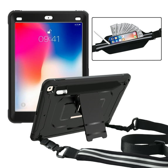iPad 9.7 Case 6th/5th Generation, Allytech Heavy Duty Protection Shock-Absorption Rugged Kickstand Anti-scratch Shoulder Strap Kids Case Cover for Apple iPad 9.7 2018/2017, Black
