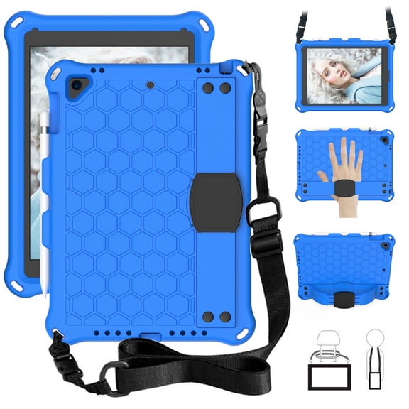 iPad 9.7 Case with PET Screen Protector, Dteck Heavy Duty Rugged Shockproof Case For iPad 6th Gen/ 5th Gen / Air 2 / Air 1st /iPad Pro 9.7 (not Fit iPad 2 3 4 9.7"), Shoulder Strap / Kickstand, Blue