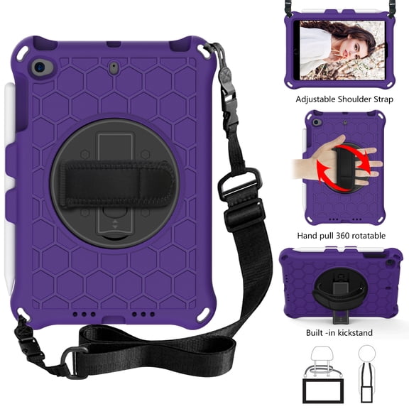 iPad 9.7 Inch 2018 6th Gen/ 2017 5th Gen Case, Rotate iPad Pro 9.7 Case with Pencil Holder, Rugged Shockproof Children Toddler Protective iPad 9.7 Case with Hand Strap Kickstand Cover, Purple