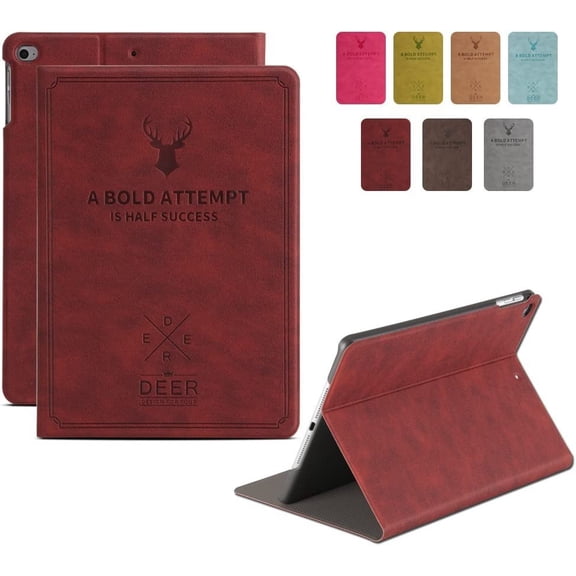 iPad 9.7 Inch 5 6 Air 1 2 [iPad 5th 6th Air 1st 2nd ] A1893 A1954 A1822 A1823 A1566 A1567 A1474 A1475 A1476 Folio Deer Pattern Protective Sleek & Classic Design Smart Cover - Wine