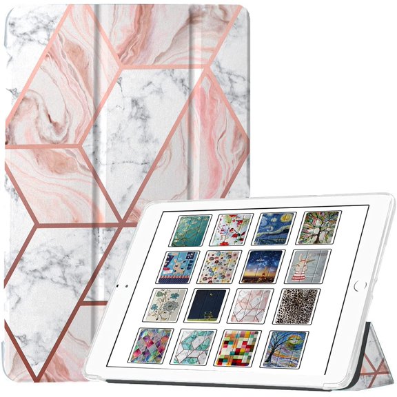 iPad 9.7 Inch 5 6 Air 1 2 [iPad 5th 6th Air 1st 2nd ] A1893 A1954 A1822 A1823 A1566 A1567 A1474 A1475 A1476 Printed Smart Soft Silicone Transparent Front & Back Cover - Marble Pink