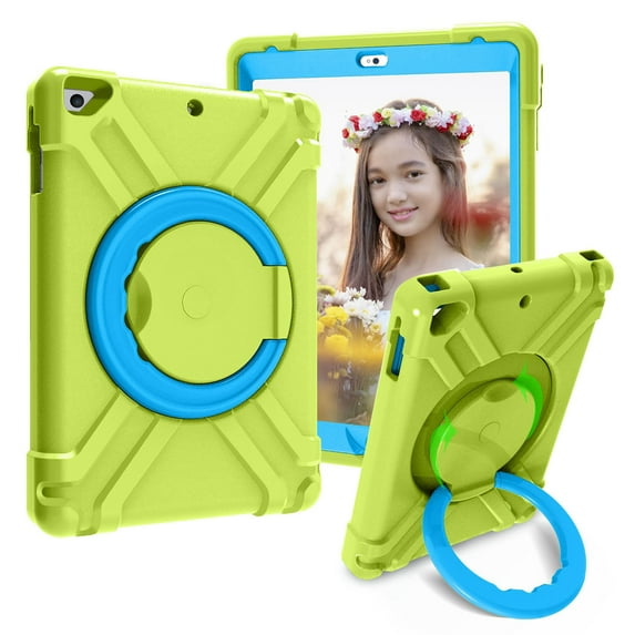 iPad 9.7 inch 5th/6th Gen 2017/2018 Case with Screen Protector, iPad Air 1 & 2 Case, iPad Pro 9.7 Case, Dteck Shockproof Heavy Duty Protective Cover Built-in 360 Rotating Kickstand, Green/Blue