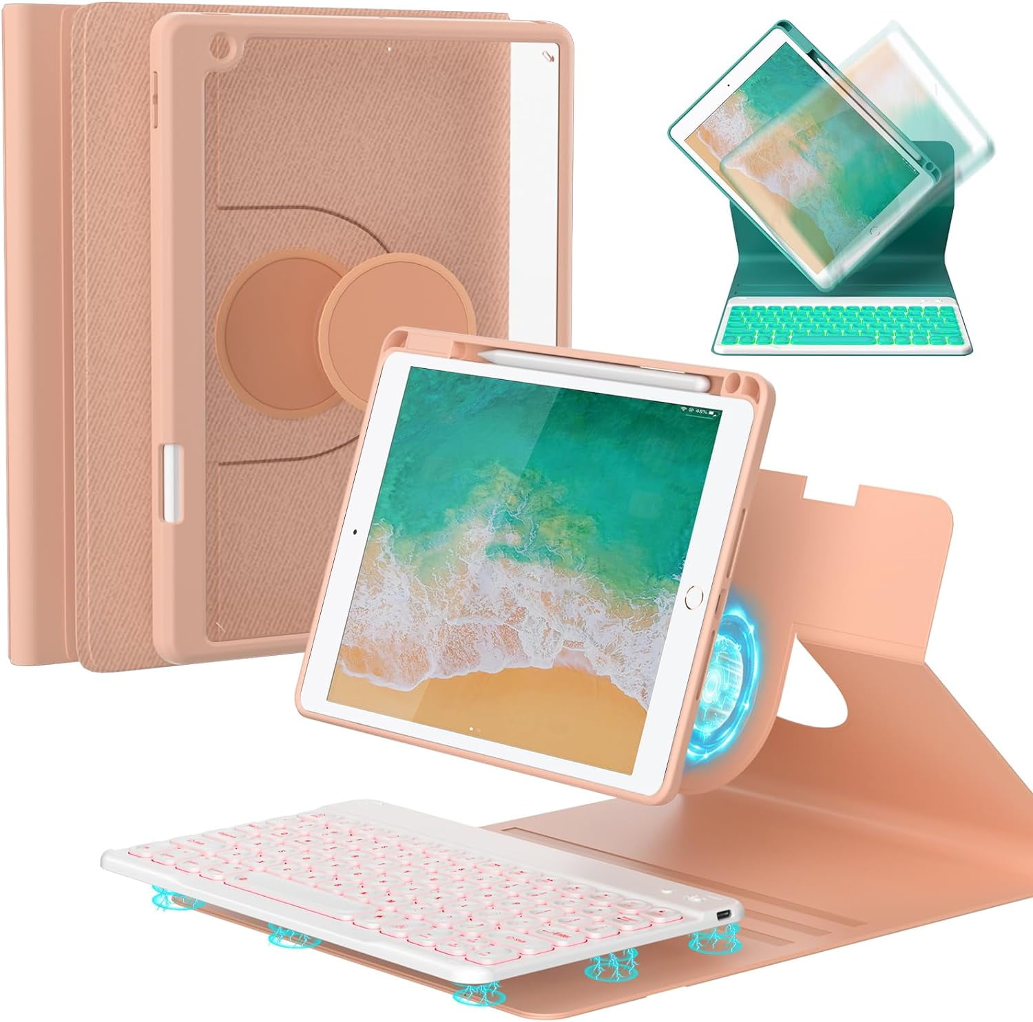 iPad 9.7 inch 5th 6th Generation Case with Keyboard, 360°Rotatable iPad Air 2 Keyboard Case with Pencil Holder(2018/2017/2014),7 Color Backlit Bluetooth Keyboard Smart Folio Tablet Cover(Pink)