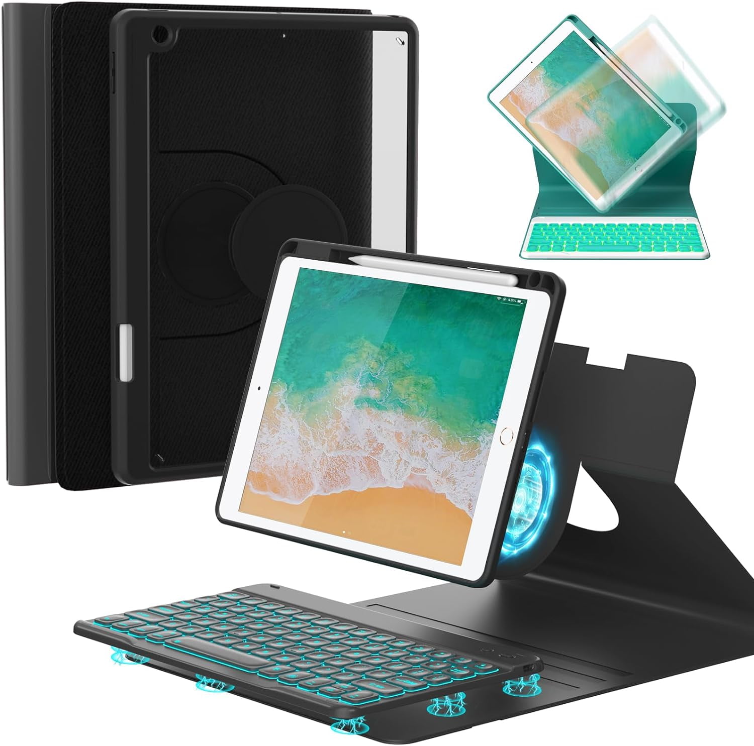iPad 9.7 inch 5th 6th Generation Case with Keyboard, 360°Rotatable iPad Air 2 Keyboard Case with Pencil Holder(2018/2017/2014),7 Color Backlit Bluetooth Keyboard Smart Folio Tablet Cover(Black)