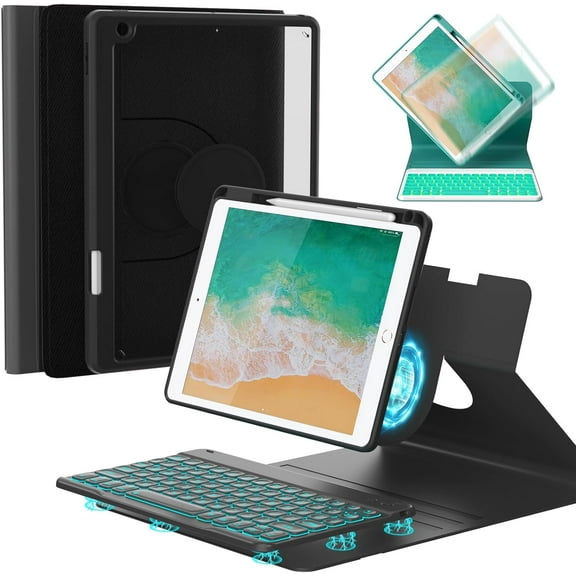 iPad 9.7 inch 5th 6th Generation Case with Keyboard, 360°Rotatable iPad Air 2 Keyboard Case with Pencil Holder(2018/2017/2014),7 Color Backlit Bluetooth Keyboard Smart Folio Tablet Cover(Black)
