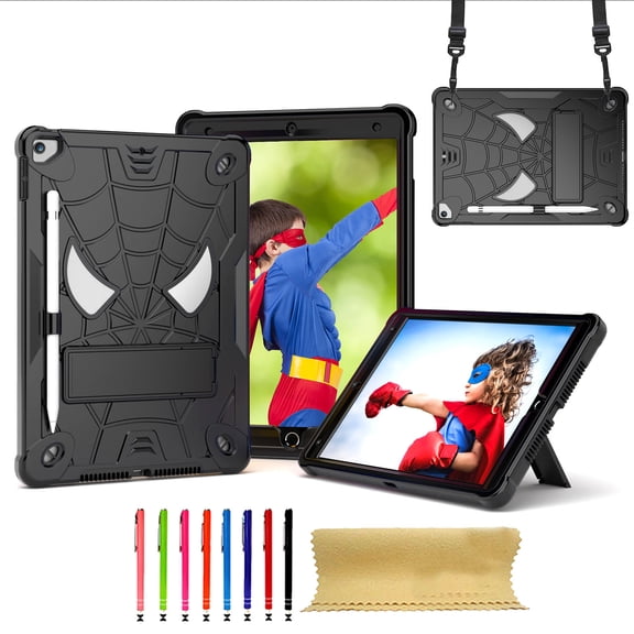 for iPad 9th 2021/8th 2020/7th 2019 10.2" Silicone PC Kids Case, with 2-way Angles Stand + Adjustable Shoulder Strap + Pencil Holder Heavy Duty Protection Shockproof Rugged Case, Black