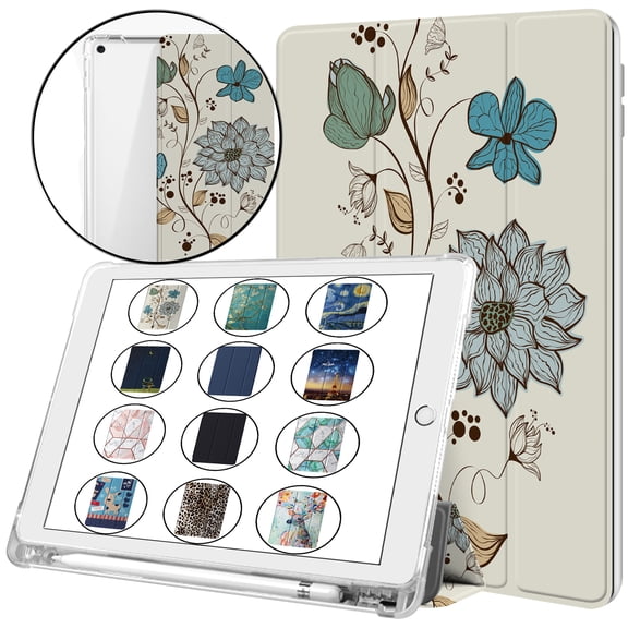 iPad 9th 2021 8th 2020 7th 2019 Gen [iPad 9 iPad 8 iPad 7 ] 10.2 Inch A2602 A2270 A2197 MK663LL/A MK673LL/A MYN62LL/A Clear Back TPU Silicone Back Printed Case Pencil Holder - Watercolor Flowr