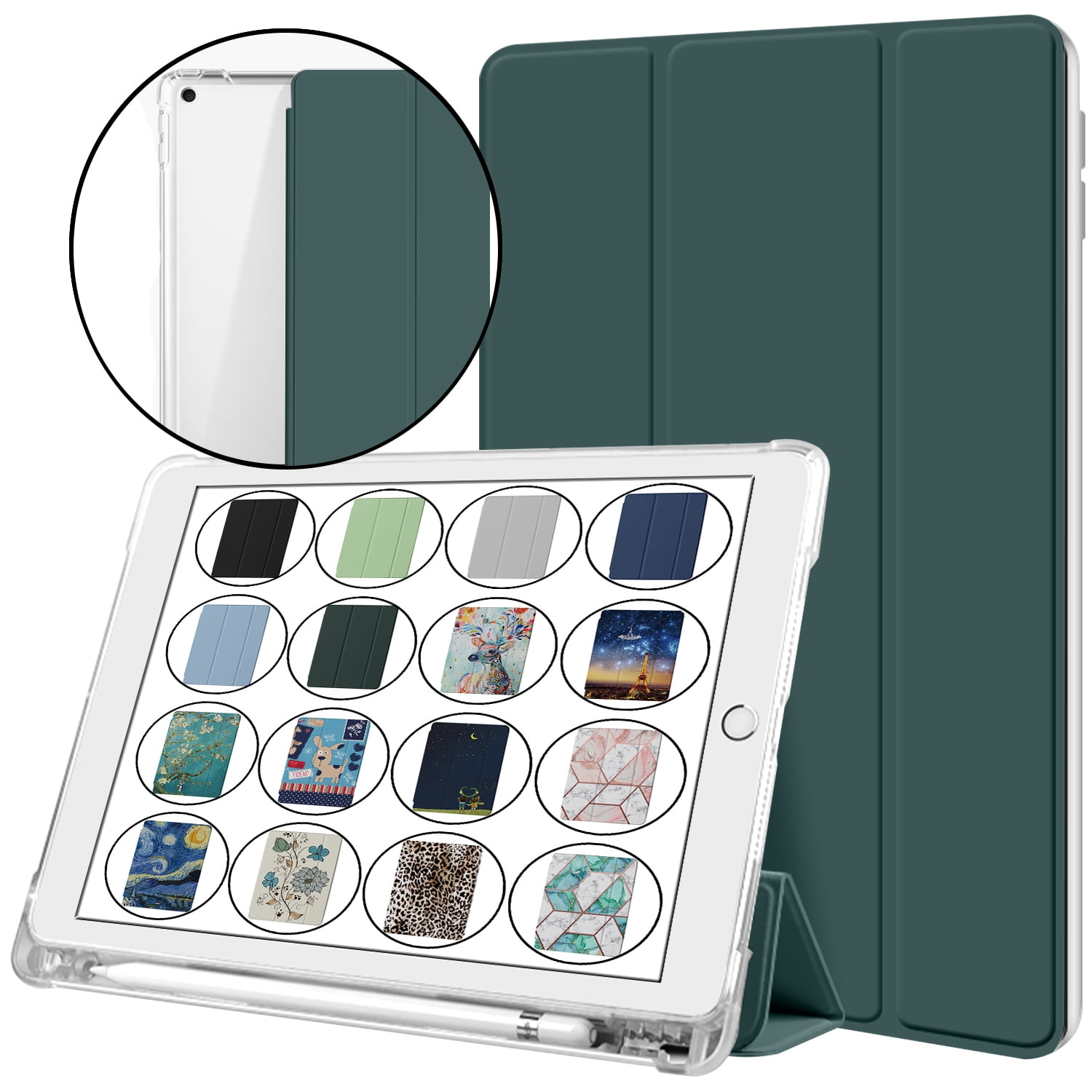 iPad 9th 2021 8th 2020 7th 2019 Gen [iPad 9 iPad 8 iPad 7 ] 10.2 Inch A2602 A2270 A2197 MK663LL/A MK673LL/A MYN62LL/A MW6Y2LL/A Clear Back TPU Silicone Back Printed Case Pencil Holder - Dark Green