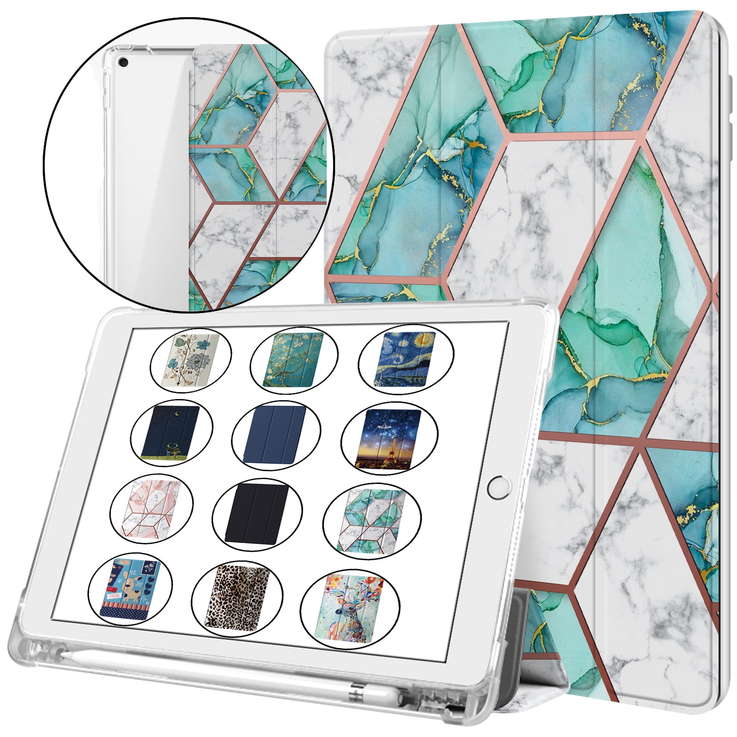 iPad 9th 2021 8th 2020 7th 2019 Gen [iPad 9 iPad 8 iPad 7 ] 10.2 Inch A2602 A2270 A2197 MK663LL/A MK673LL/A MYN62LL/A MW6Y2LL/A Clear Back TPU Silicone Back Printed Case Pencil Holder - Marble Green