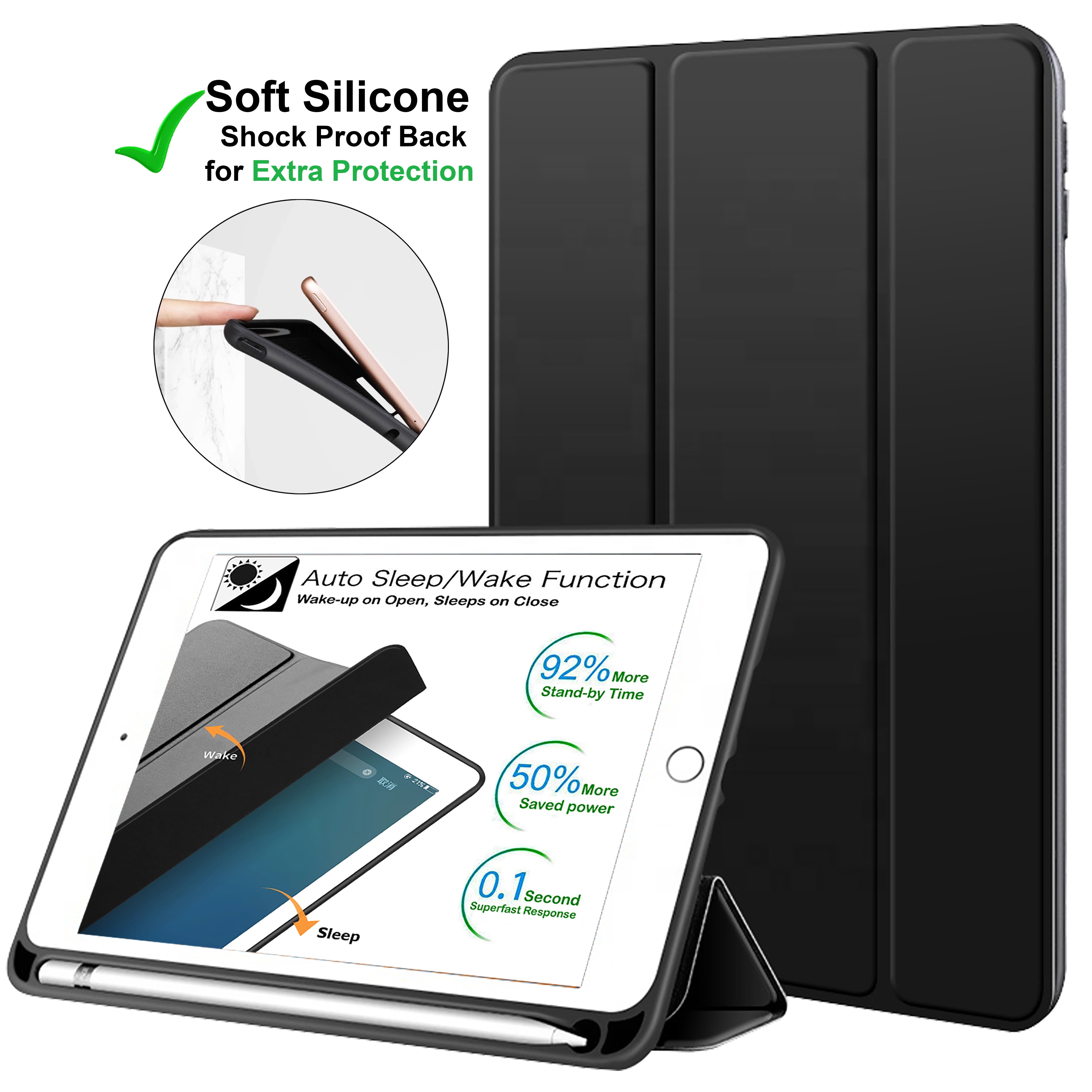 iPad 9th 2021 8th 2020 7th 2019 Gen [iPad 9 iPad 8 iPad 7 ] 10.2 Inch A2602 A2270 A2197 MK663LL/A MK673LL/A MYN62LL/A MW6Y2LL/A Protective Durable TPU Silicone Back Case Pencil Holder - Black