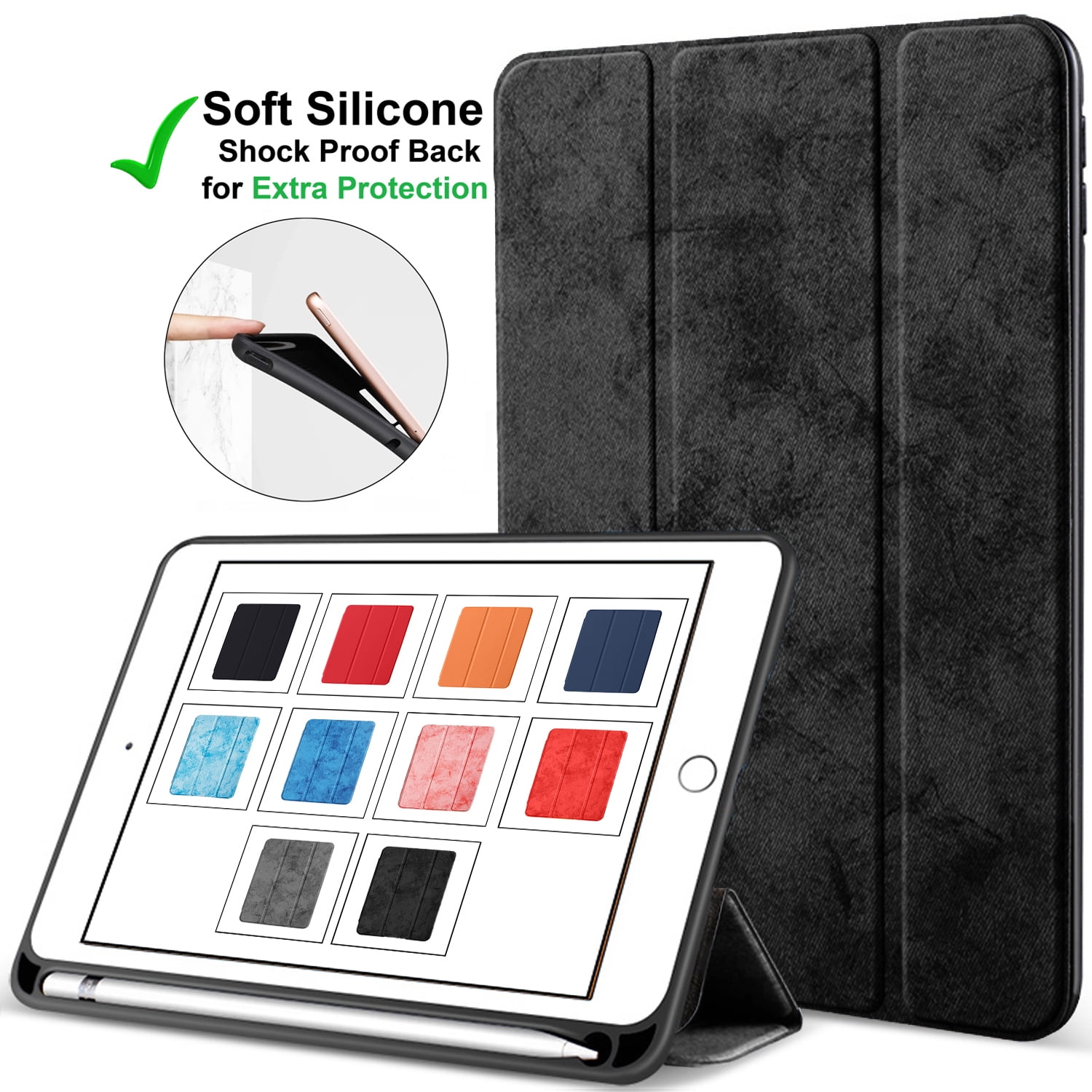 iPad 9th 2021 8th 2020 7th 2019 Gen [iPad 9 iPad 8 iPad 7 ] 10.2 Inch A2602 A2270 A2197 MK663LL/A MK673LL/A MYN62LL/A MW6Y2LL/A Protective Durable TPU Silicone Back Case Pencil Holder - Denium Black