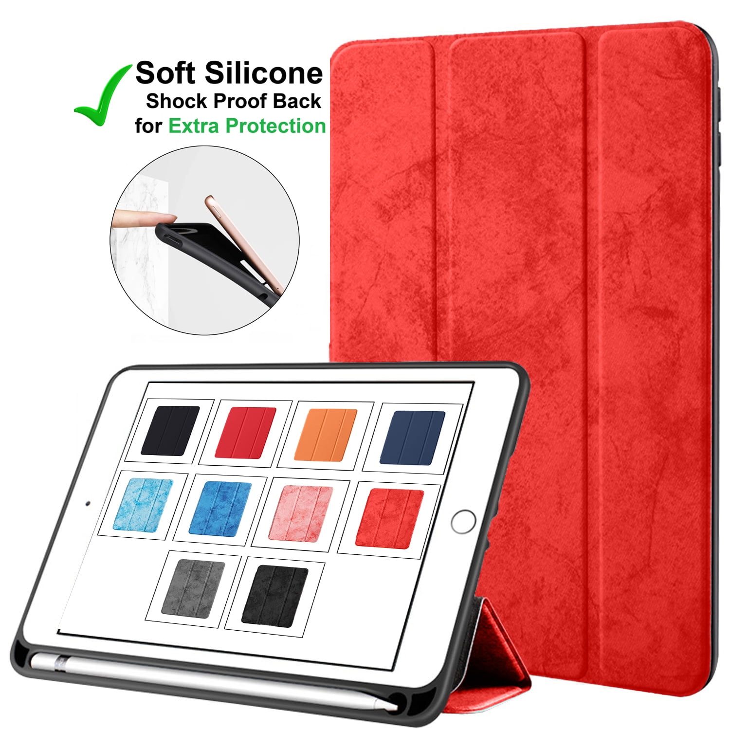 iPad 9th 2021 8th 2020 7th 2019 Gen [iPad 9 iPad 8 iPad 7 ] 10.2 Inch A2602 A2270 A2197 MK663LL/A MK673LL/A MYN62LL/A MW6Y2LL/A Protective Durable TPU Silicone Back Case Pencil Holder - Denium Red