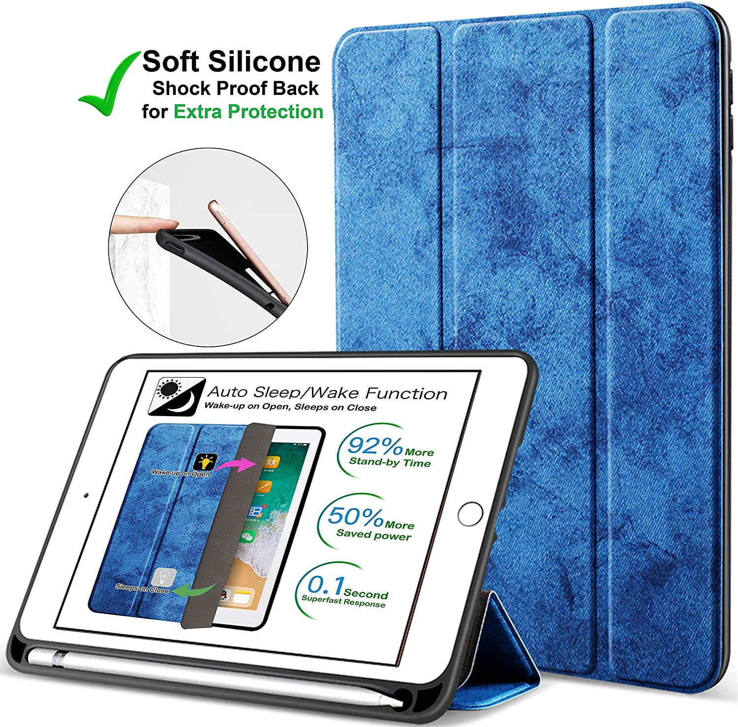 iPad 9th 2021 8th 2020 7th 2019 Gen [iPad 9 iPad 8 iPad 7 ] 10.2 Inch A2602 A2270 A2197 MK663LL/A MK673LL/A MYN62LL/A Protective Durable Shock Proof TPU Silicone Back Case Pencil Holder - Blue
