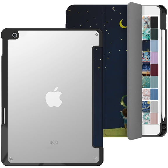 iPad 9th 2021 8th 2020 7th 2019 Gen [iPad 9 iPad 8 iPad 7 ] 10.2 Inch A2602 A2270 A2197 MK663LL/A MK673LL/A MYN62LL/A Rugged Shell TPU Corner PC Transparent Back Case Pencil Holder - Night Sky Print
