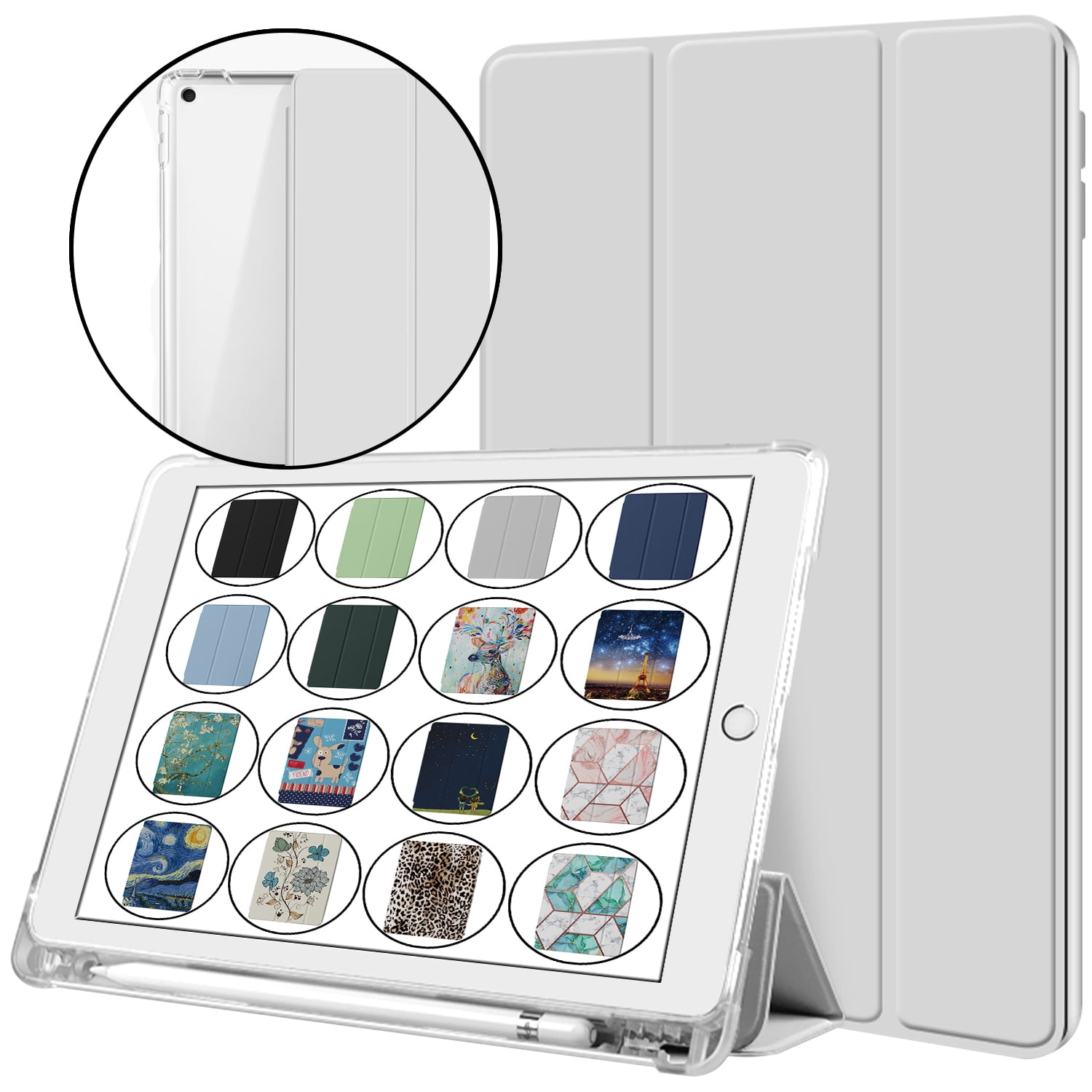 iPad 9th 2021 8th 2020 7th 2019 Gen [iPad 9 iPad 8 iPad 7 ] 10.2 Inch A2602 A2270 A2197 MK663LL/A MK673LL/A MYN62LL/A MW6Y2LL/A Clear Back TPU Silicone Back Printed Case Pencil Holder - Gray