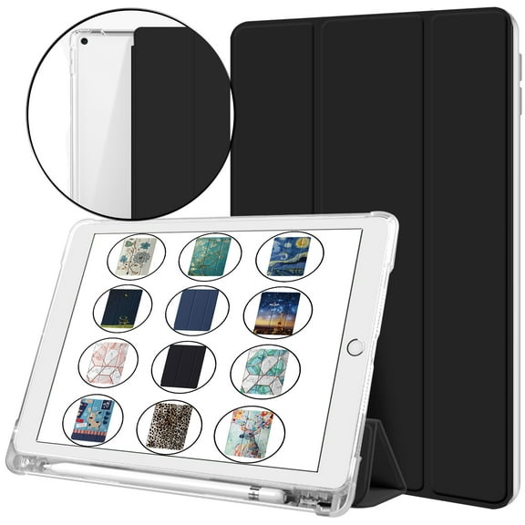 iPad 9th 2021 8th 2020 7th 2019 Generation [iPad 9 iPad 8 iPad 7 ] 10.2 Inch A2602 A2270 A2197 MK663LL/A MK673LL/A MYN62LL/A MW6Y2LL/A Clear Back TPU Silicone Back Printed Case Pencil Holder - Black