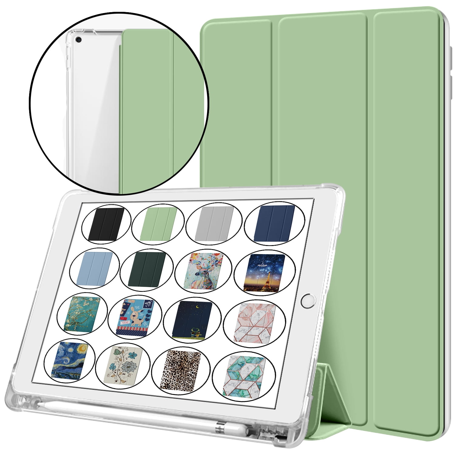iPad 9th 2021 8th 2020 7th 2019 Generation [iPad 9 iPad 8 iPad 7 ] 10.2 Inch A2602 A2270 A2197 MK663LL/A MK673LL/A MYN62LL/A MW6Y2LL/A Clear Back TPU Silicone Back Printed Case Pencil Holder - Green