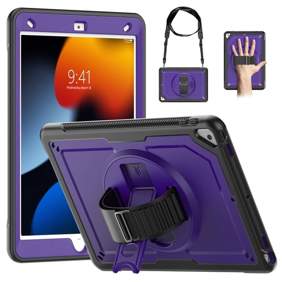 for iPad 9th/8th/7th Gen 10.2" 2021/2020/2019 Case with Hand Strap, Heavy Duty Shockproof Protective Cover with Rotating Stand, Shoulder Strap Pencil Holder Heat Dissipation Tablet Case, Purple