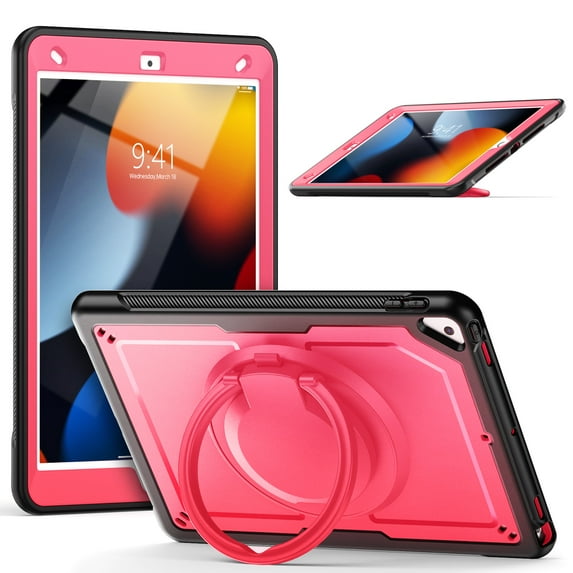 for iPad 9th/8th/7th Gen 10.2" 2021/2020/2019 Case with Rotatable Stand & Handle Grip, Soft TPU Outer Shell Rugged Case with Shoulder Strap Pen Holder for iPad Air 3 10.5" 2019/Pro 10.5" 2017, Rose