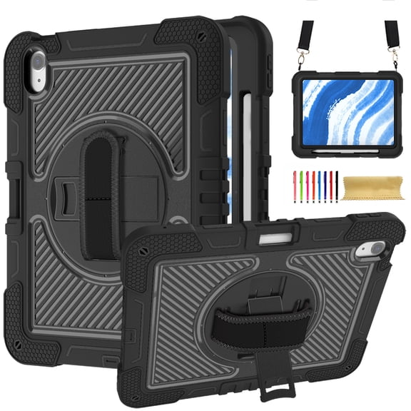 for iPad 9th/ 8th/ 7th Generation 10.2 inch (2021/2020/2019),360 Rotation Kickstand Handle Wrist Strap Heavy Duty Rugged Cover + Adjustable Shoulder Strap,Black