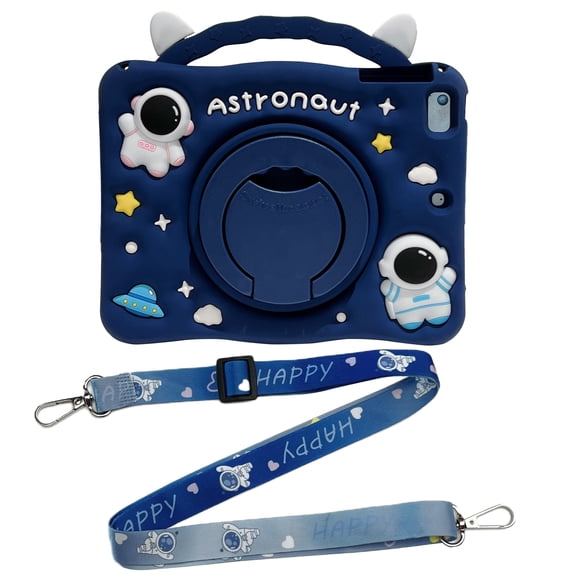 for iPad 9th 8th 7th Generation (10.2 inch, 2021/2020/2019) Case Kids Shockproof Cover With Pencil Holder 3D Cartoon with Rotating Handle Stand Shoulder Strap Soft Silicone Child Case,Dark Blue